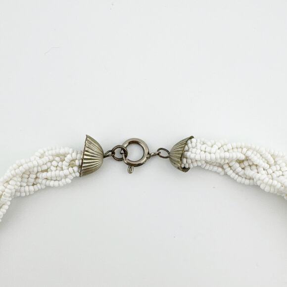Vintage White Beaded Necklace Clip On Earring Set Braided Statement Jewelry - Picture 10 of 10